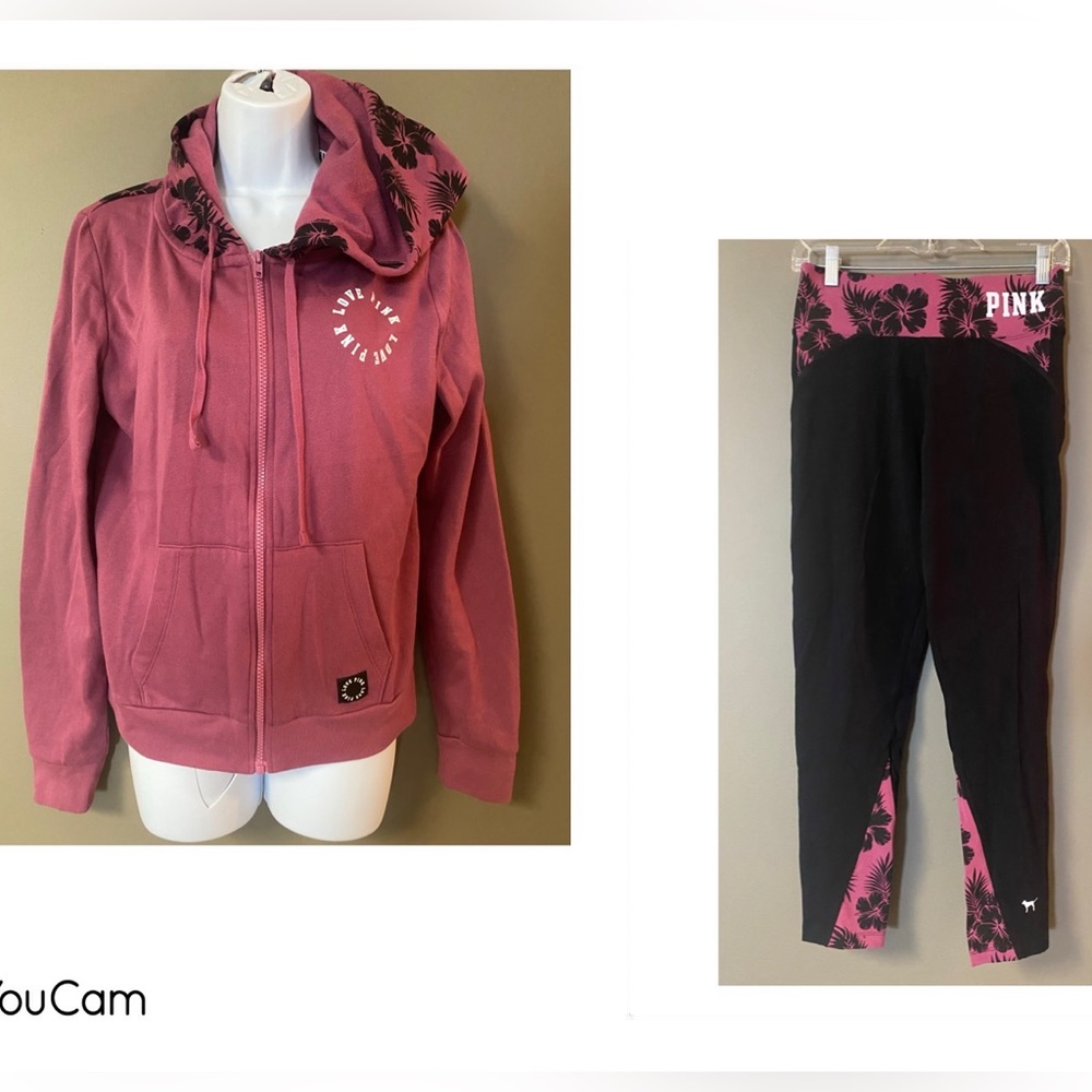 RARE Pink 2016 new full zip hoodie M & like new yoga leggings L tropical orchid